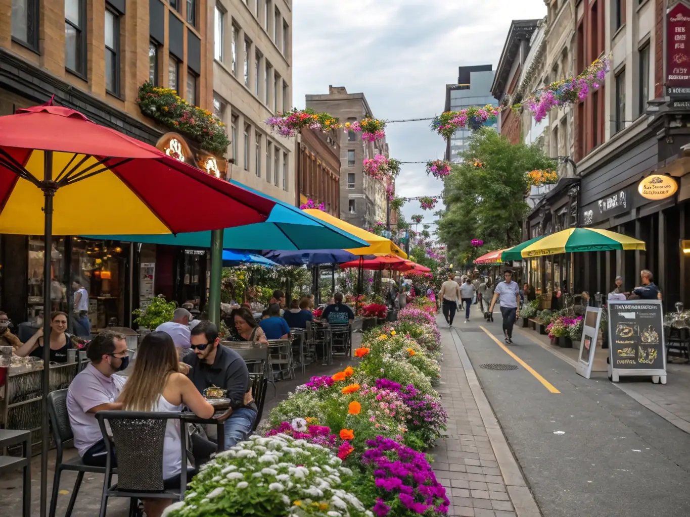 A vibrant city scene with people enjoying various aspects of urban life, such as fashion, dining, and cultural events, symbolizing the enriched lifestyle Urban Gleam promotes.