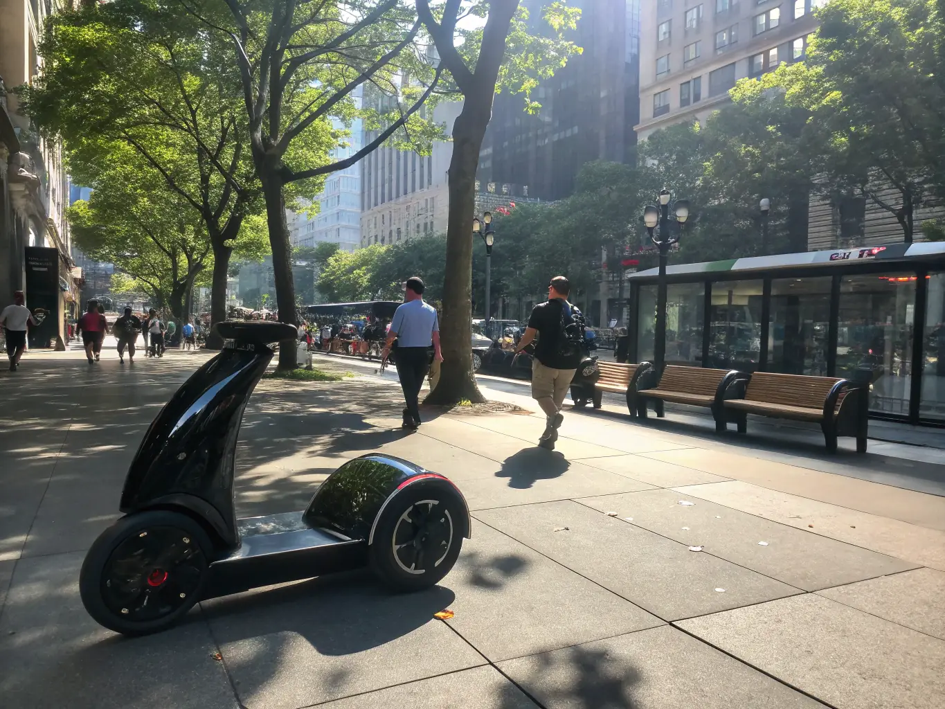 A sleek electric scooter parked in front of a modern apartment building, symbolizing the innovative mobility solutions Urban Gleam explores.